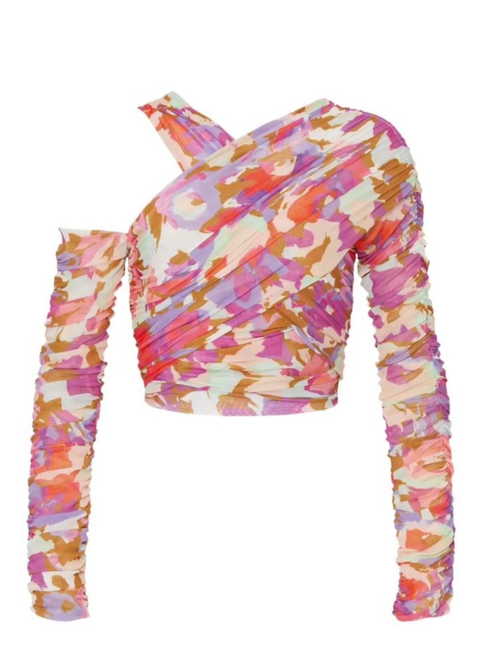 NICHOLAS Pink Orange Floral One-Shoulder Ruched Crop Top with Lavender Accents